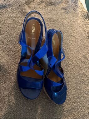 Fendi Royal Blue Patent Leather Wedge Sandals